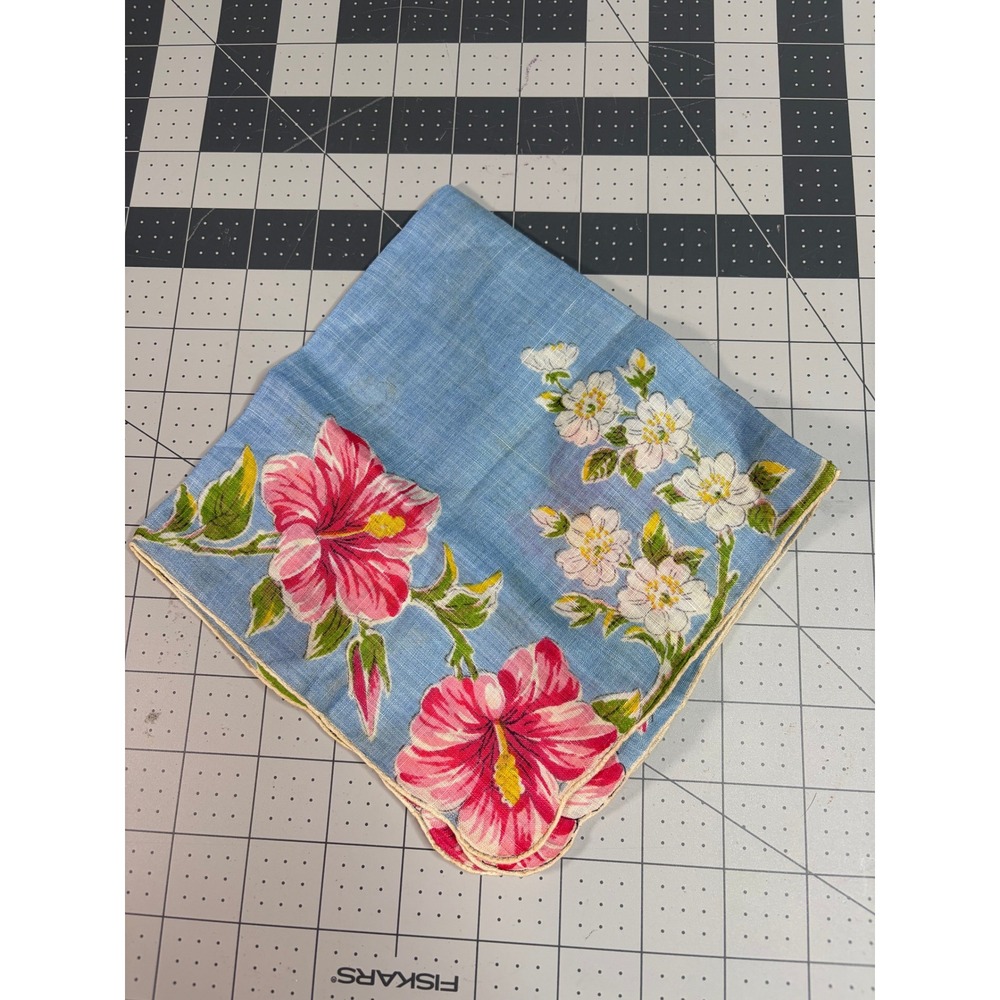 Vintage Blue Linen Handkerchief Pink Hibiscus Floral Print Scalloped Edge 13x13